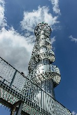 Modern Lookout Tower on Sibenik Hill, close to Novy Hradek village, Eagle,Orlicke, Mountains, Czech Republic.Column of the original wind power plant was used as the base of the observation tower.