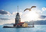 Seagull Flying near Maidens Tower in Istanbul at day